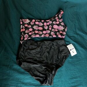 Fused Hawaii One-Shoulder Black One-Piece Swimsuit with Pink Pineapple Print